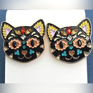EARRINGS! Betsey Johnson Kitty Kat Rhinestone and Steel Stud Earrings BNWT
